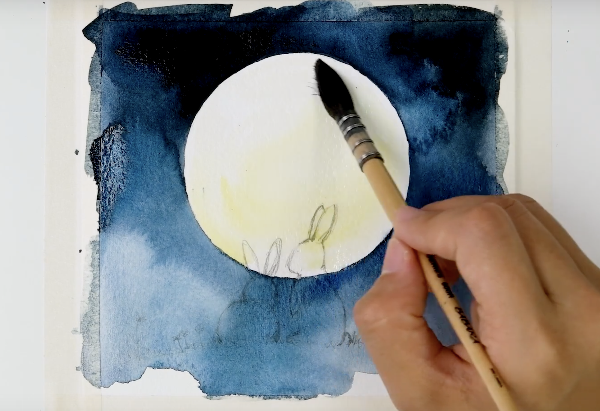  aquarelle-peinture-idées-peinture-lapin-silhouettes-avec-une-pleine-lune-étape 3 