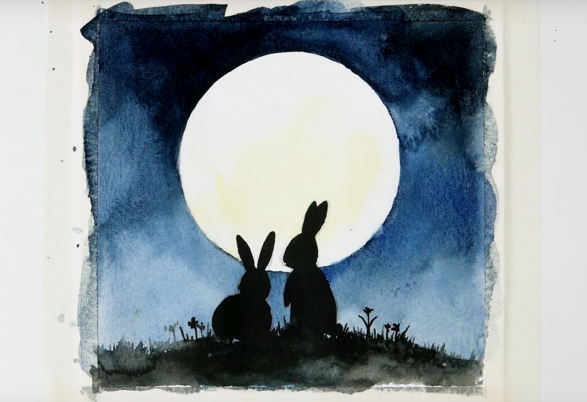  aquarelle-peinture-idées-peinture-lapin-silhouettes-avec-une-pleine-lune-étape 4 