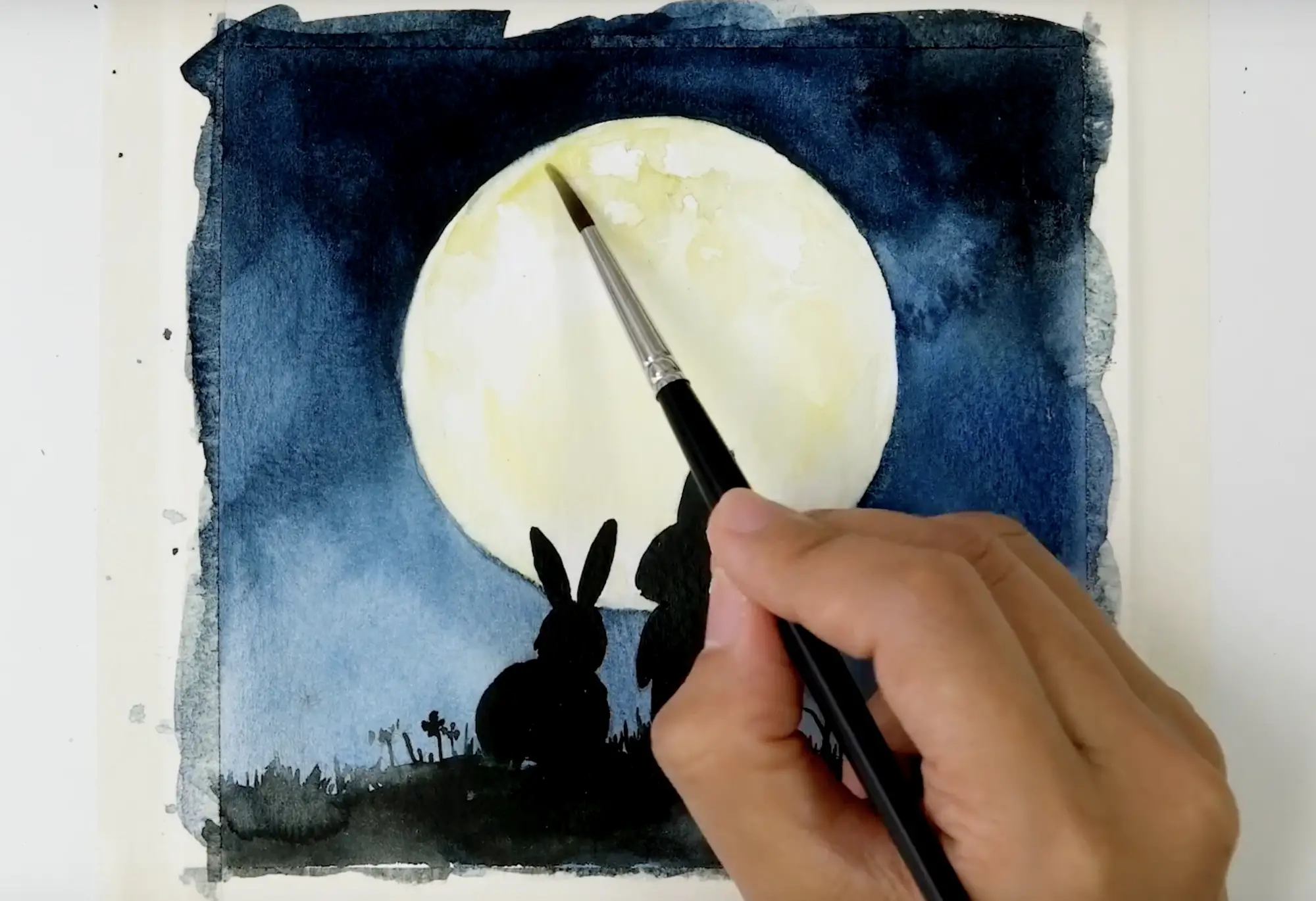  aquarelle-peinture-idées-peinture-lapin-silhouettes-avec-une-pleine-lune-étape 5 